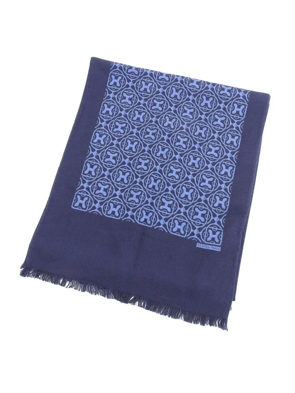 Hermes Cashmere Silk Pattern Fringe Shawl Scarf Navy Blue